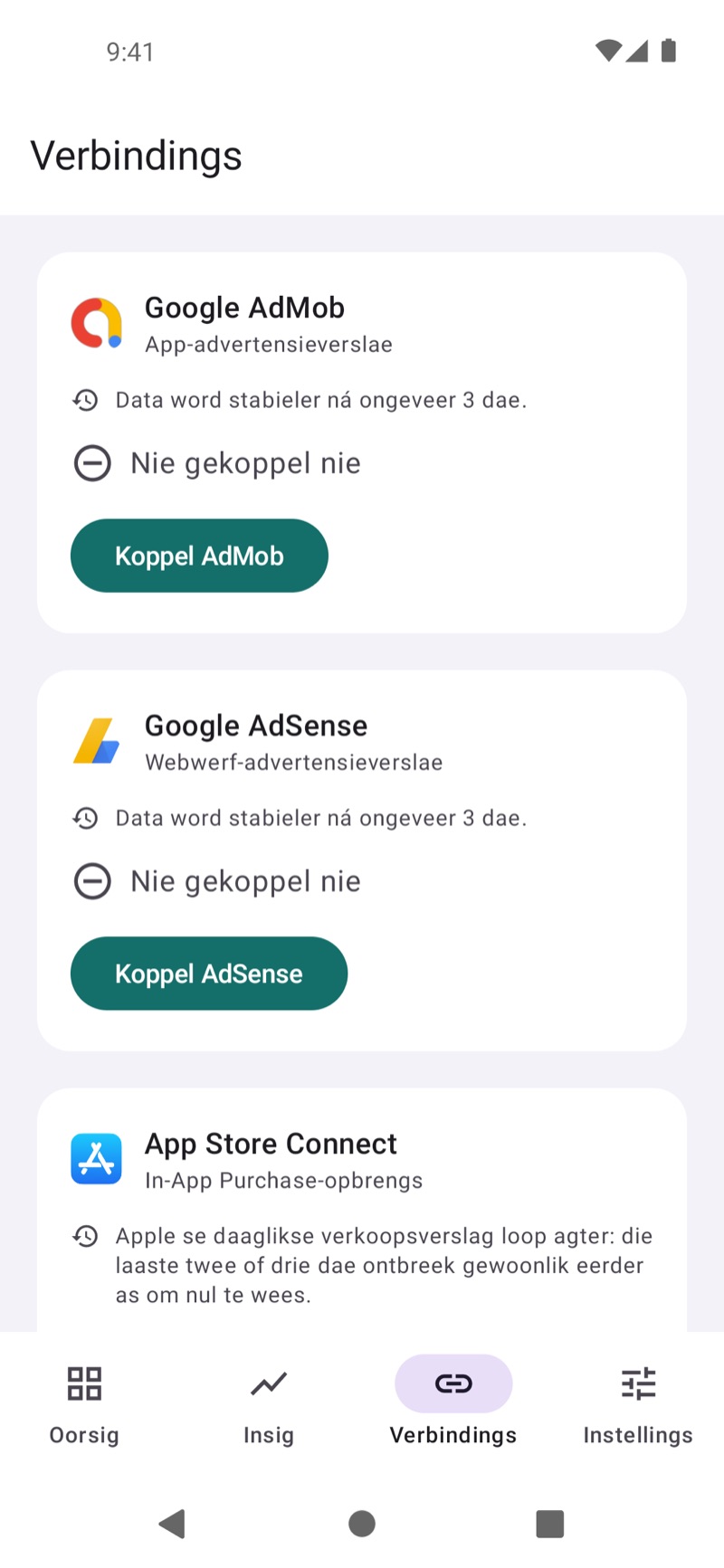 EarnHub-verbindingsskerm wat beskikbare inkomstebronne toon