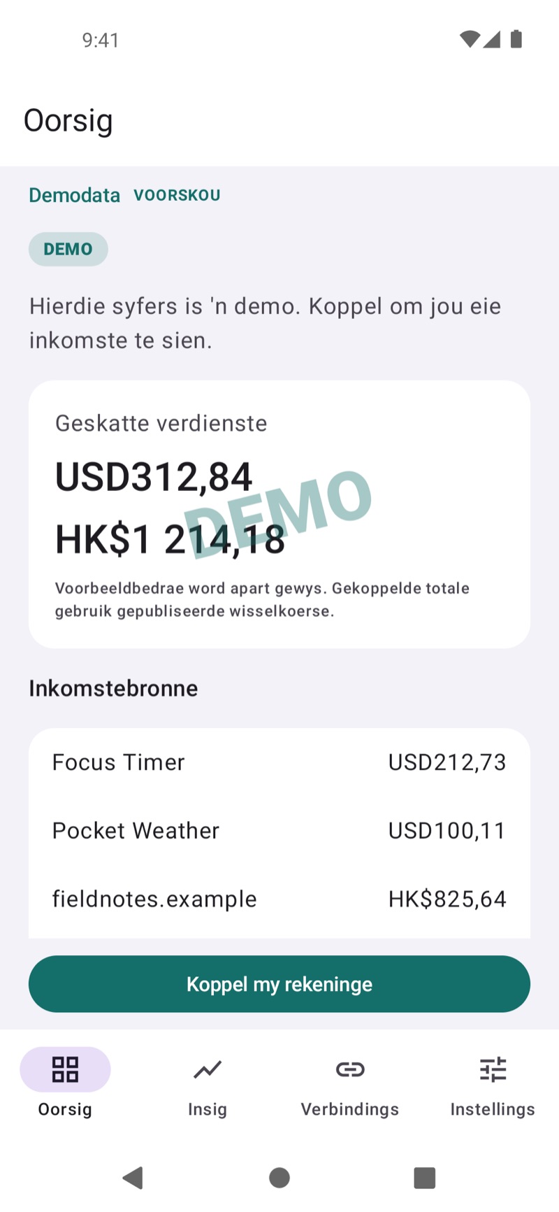 EarnHub-inkomste-oorsig wat voorbeeldverdienste toon