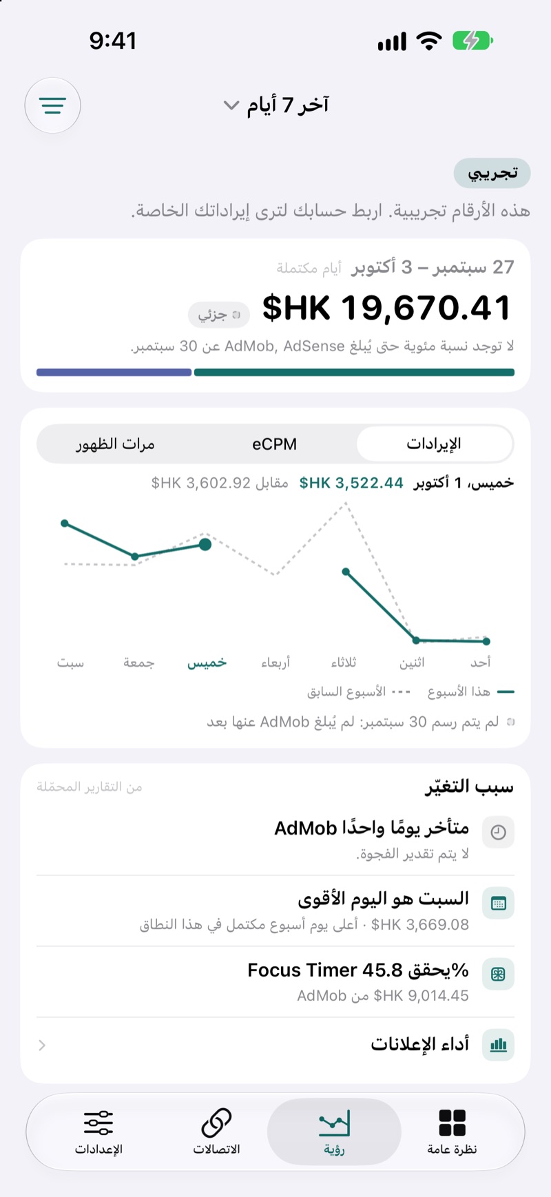 شاشة الرؤى في EarnHub تقارن إيرادات الأسبوع الحالي بالأسبوع السابق