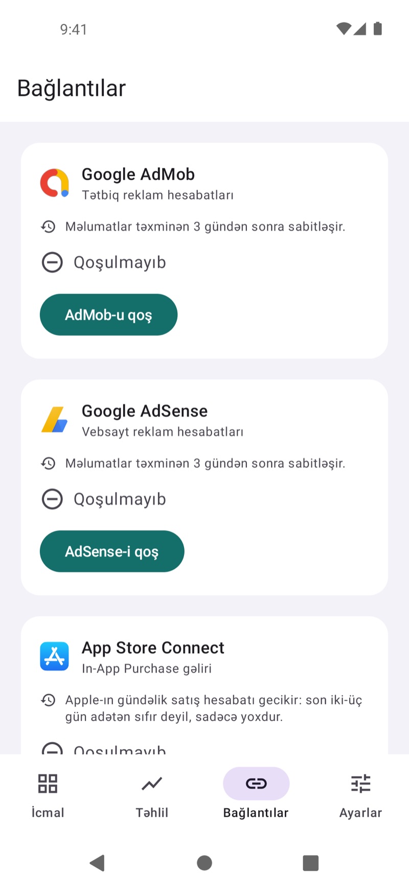 Mövcud gəlir mənbələrini göstərən EarnHub "Bağlantılar" ekranı