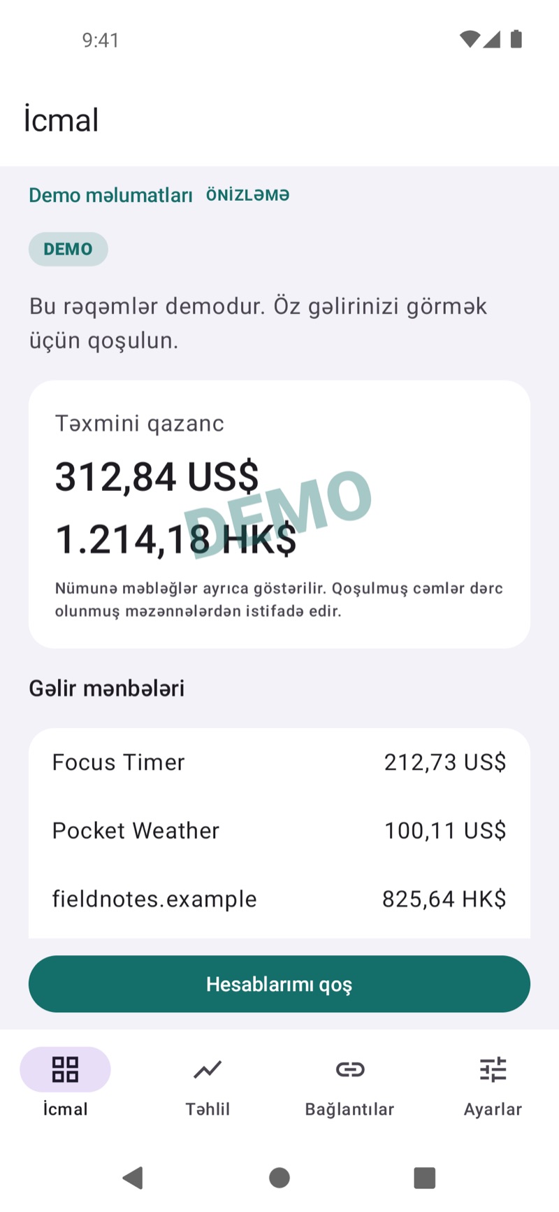 Nümunə qazancları göstərən EarnHub gəlir icmalı