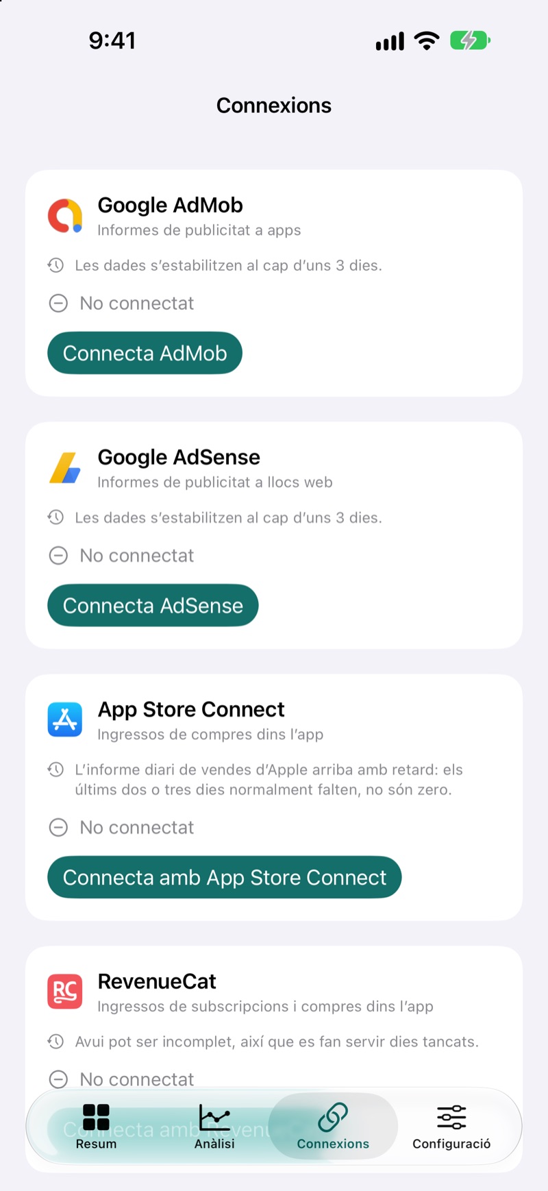 Pantalla de connexions d'EarnHub amb les fonts d'ingressos disponibles