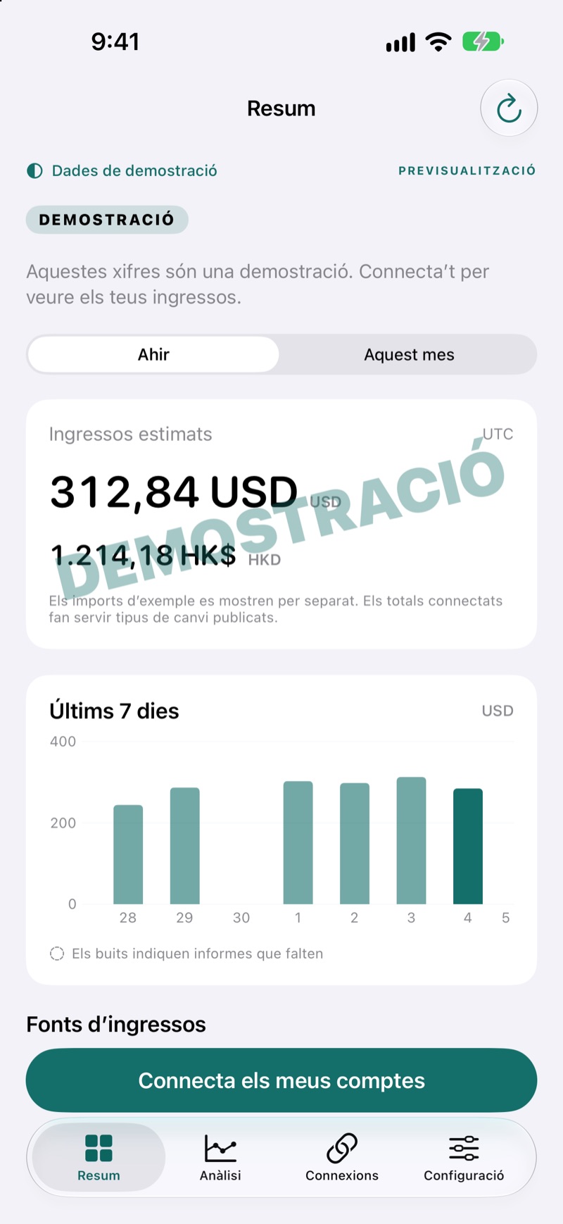 Vista general dels ingressos d'EarnHub amb exemples de guanys