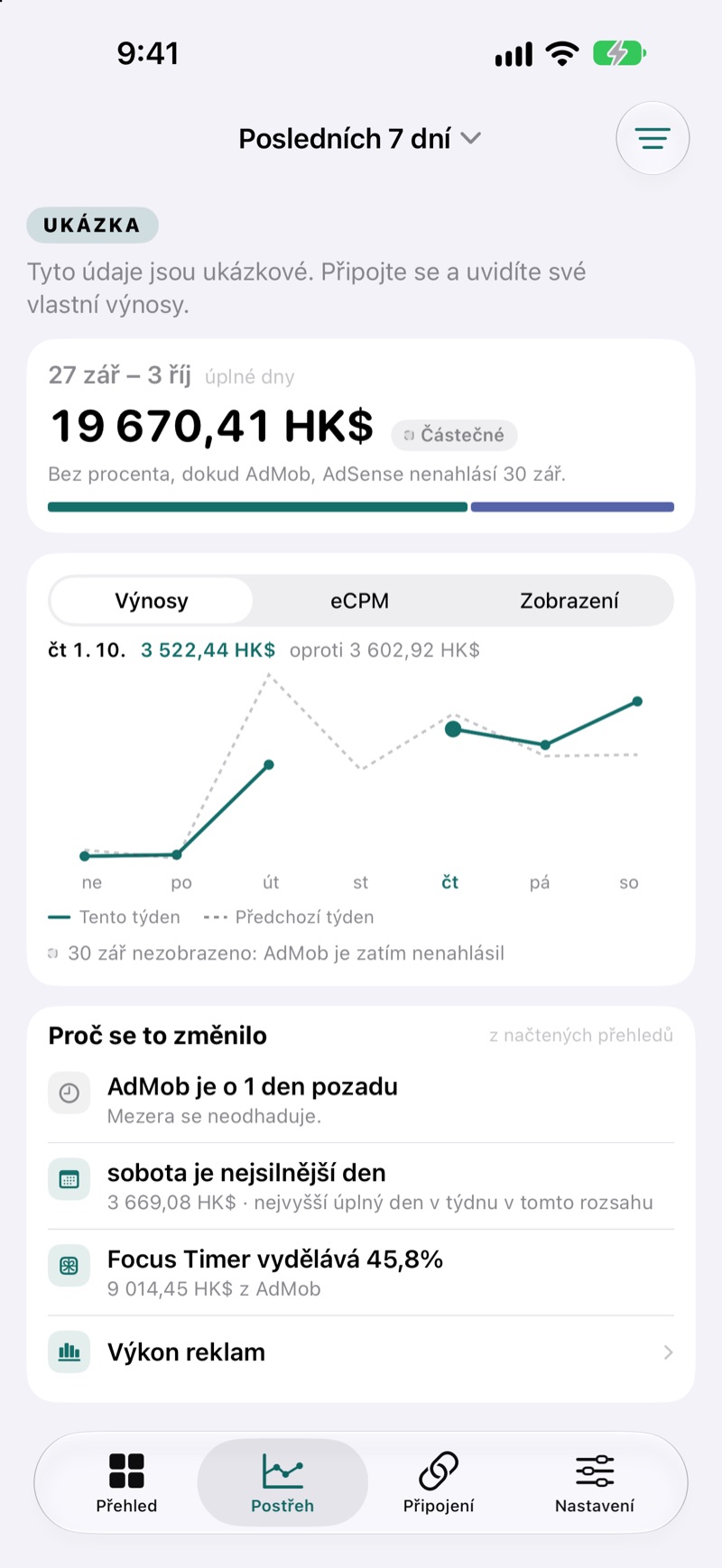 Obrazovka přehledů EarnHub s porovnáním výnosů za aktuální a minulý týden