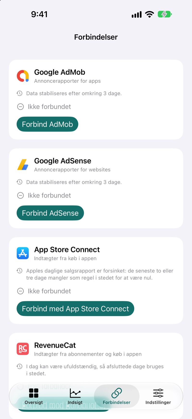 EarnHub-skærmen "Forbindelser", der viser tilgængelige indtægtskilder
