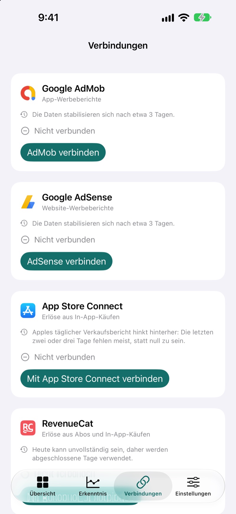 Der Bildschirm „EarnHub-Verbindungen“ zeigt die verfügbaren Einnahmequellen an