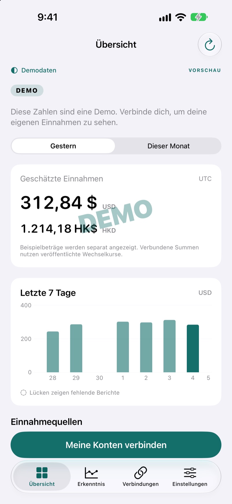 EarnHub-Umsatzübersicht mit Beispieleinnahmen