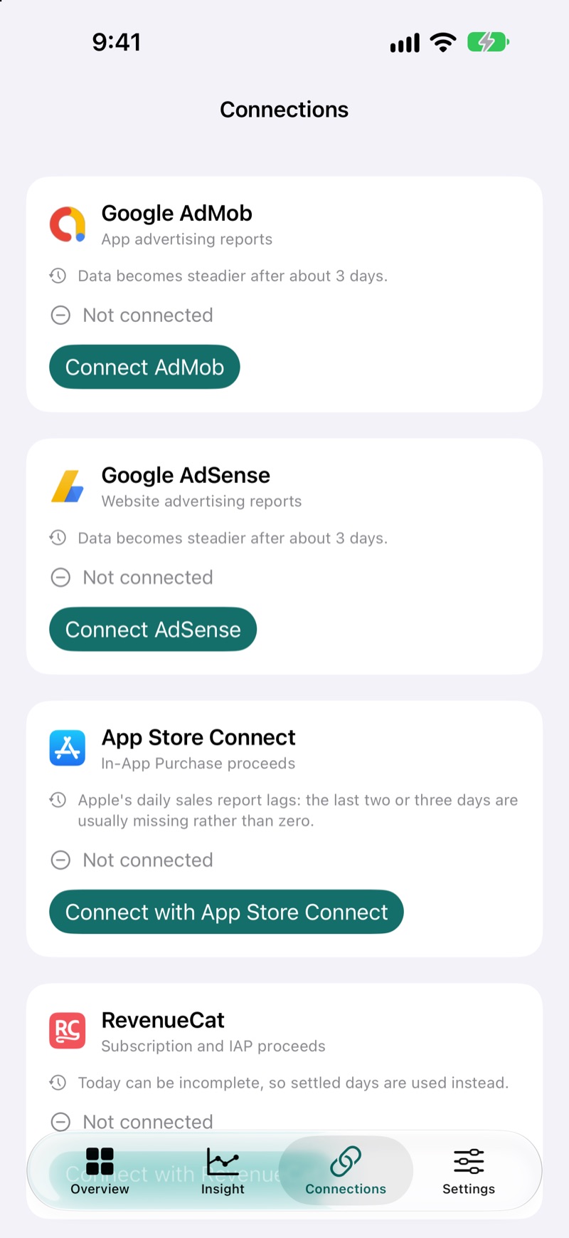 EarnHub Connections screen showing available revenue sources
