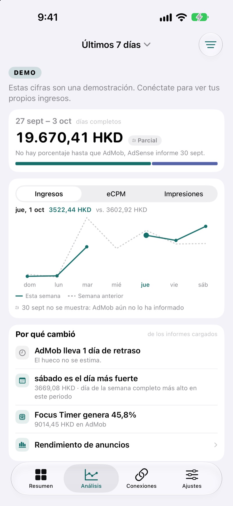Pantalla de perspectivas de EarnHub comparando los ingresos de esta semana con los de la anterior
