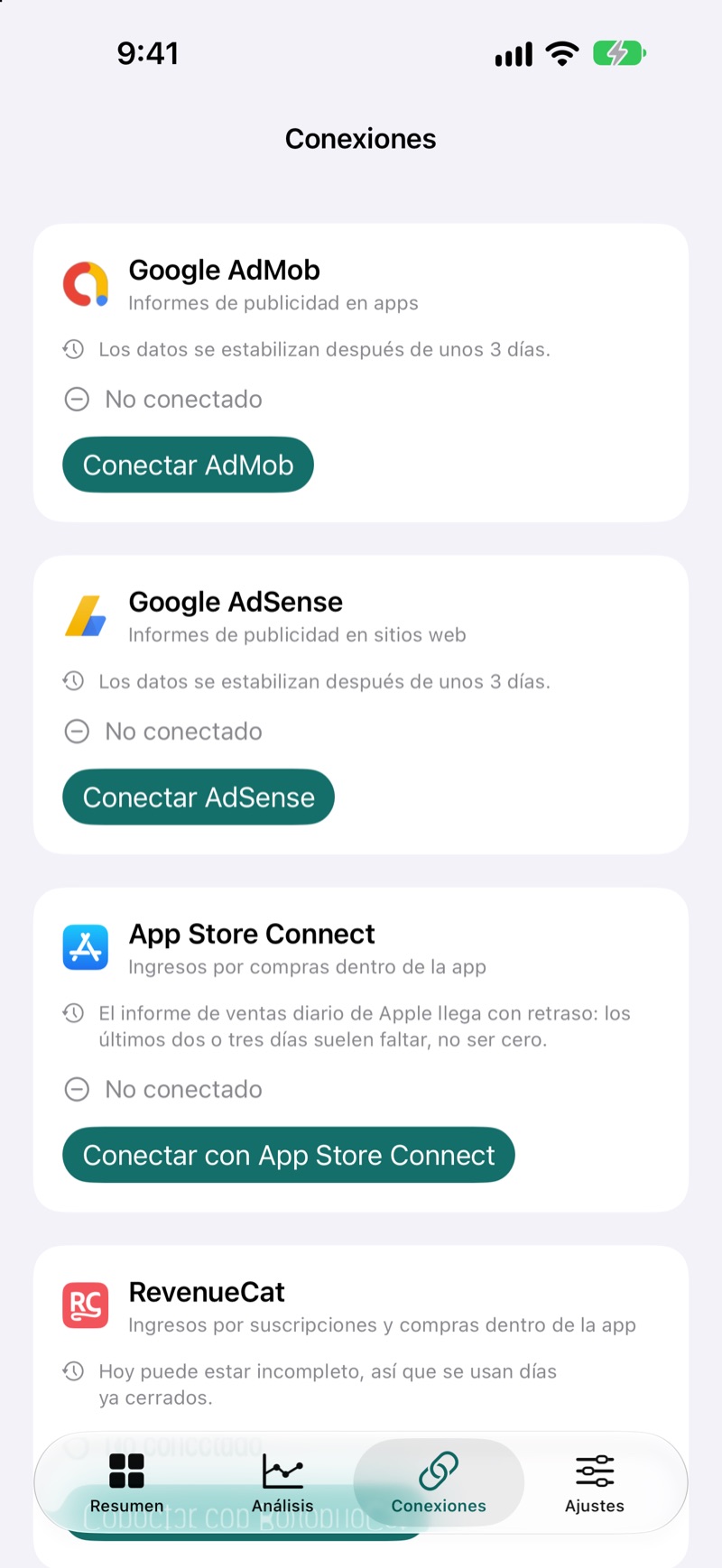 Pantalla de conexiones de EarnHub que muestra las fuentes de ingresos disponibles