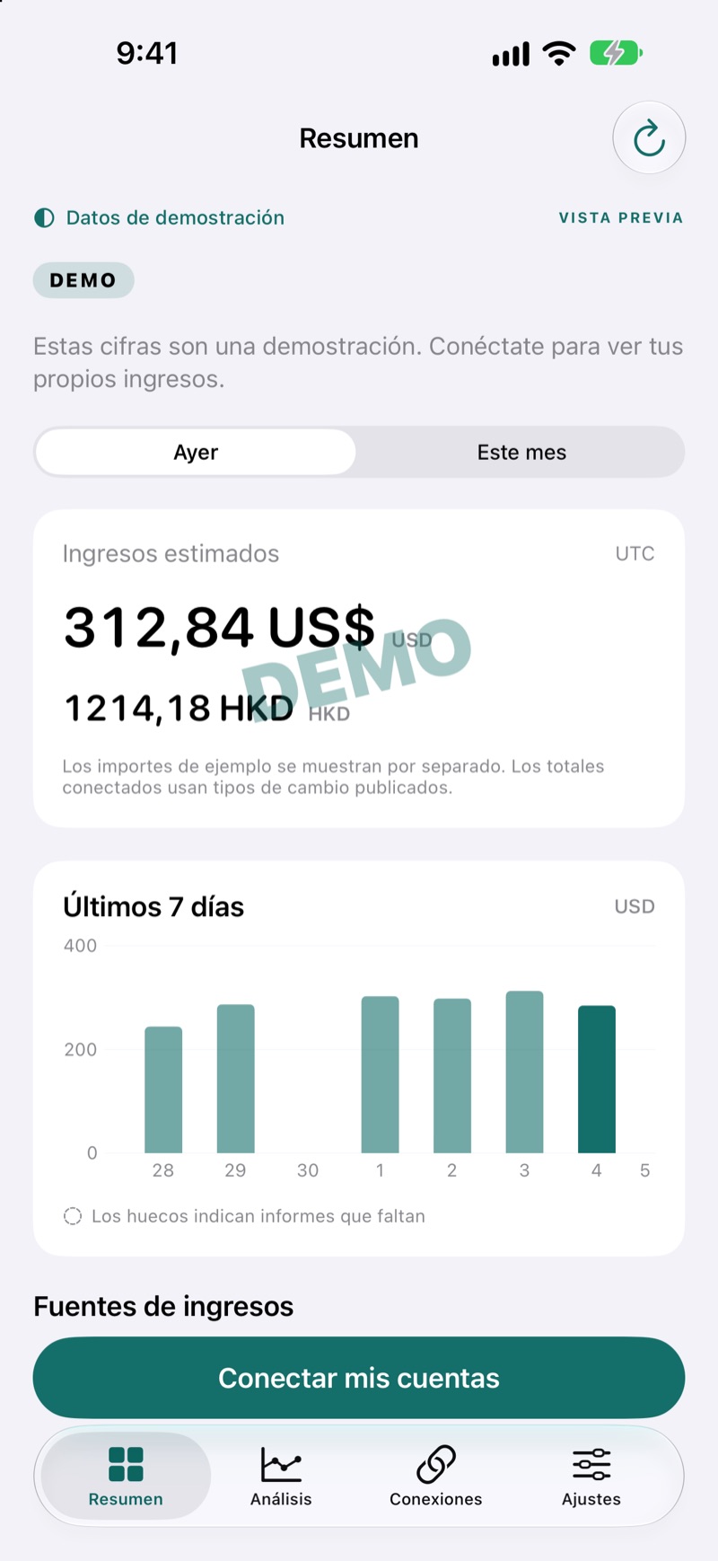 Vista general de ingresos de EarnHub con ejemplos de ganancias