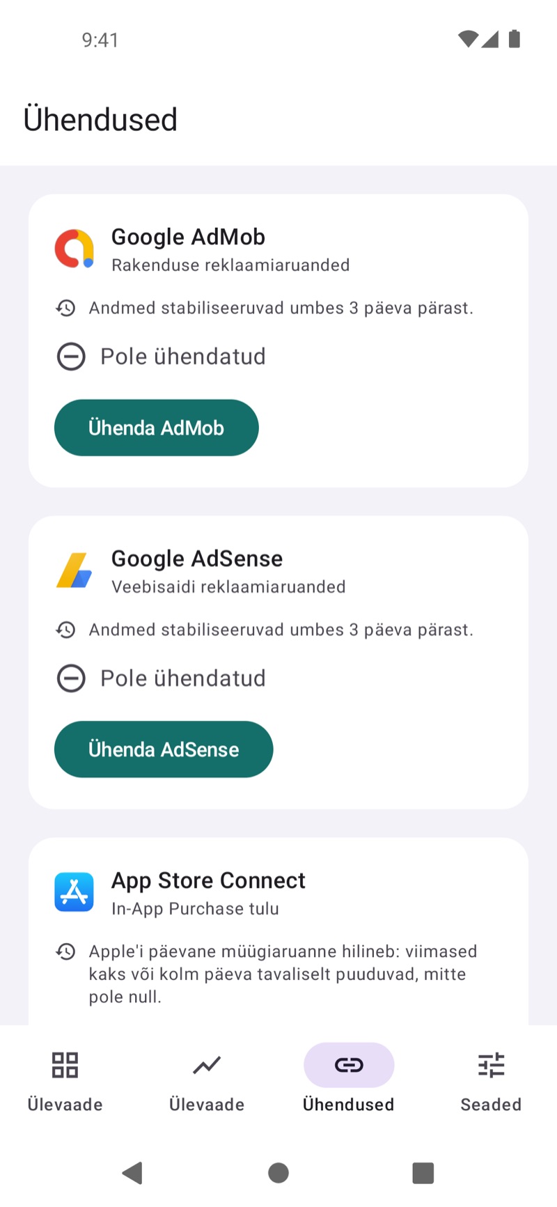EarnHubi ühenduste kuva, mis näitab saadaolevaid tuluallikaid