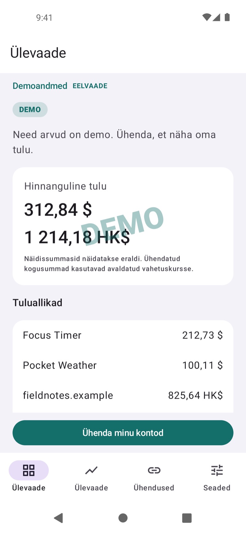 EarnHubi tuluülevaade näidistuludega