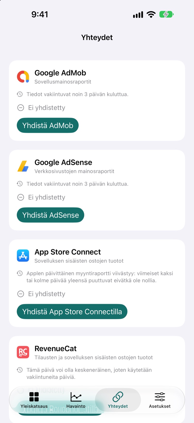 EarnHubin yhteysnäkymä, jossa näkyvät käytettävissä olevat tulonlähteet