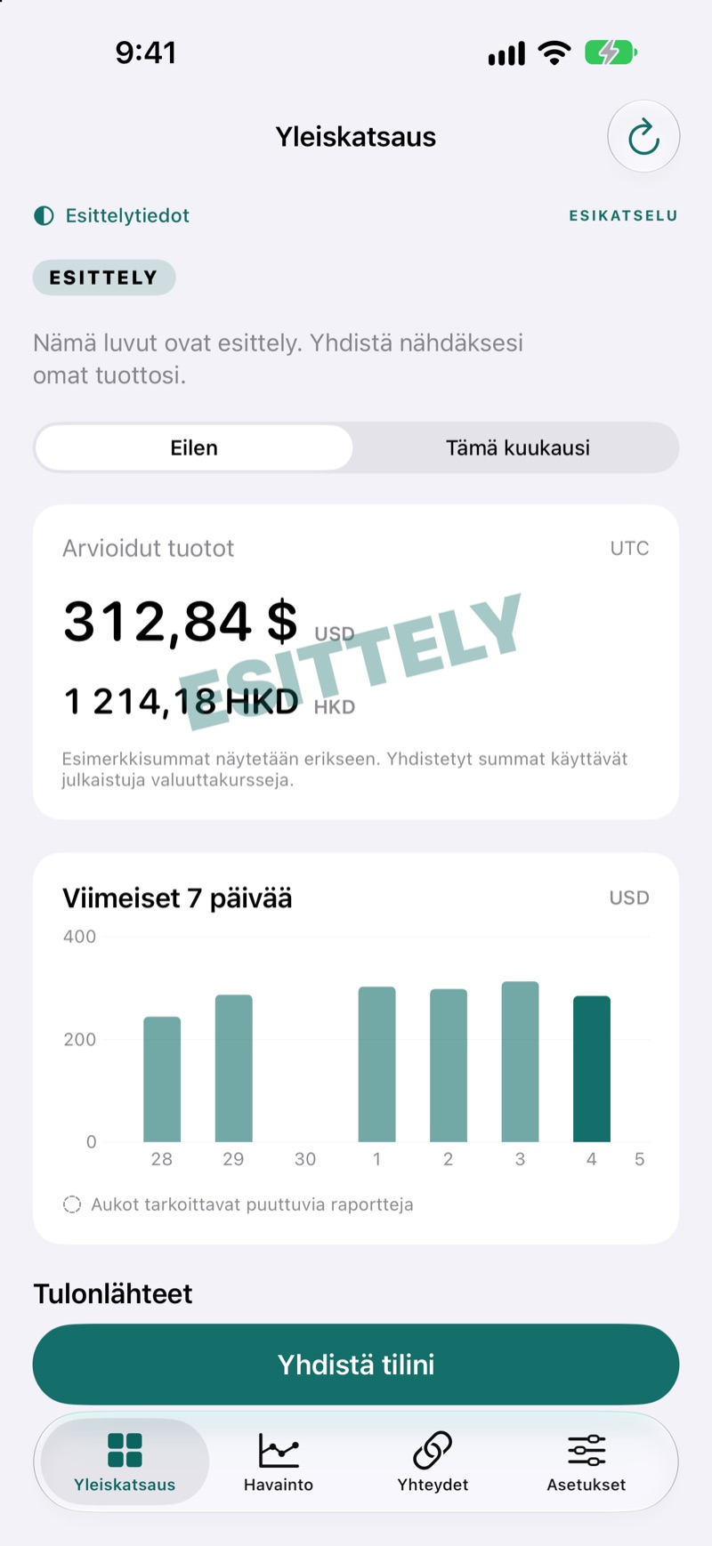 EarnHubin tulonäkymä, jossa näkyy esimerkkilukuja tuloista