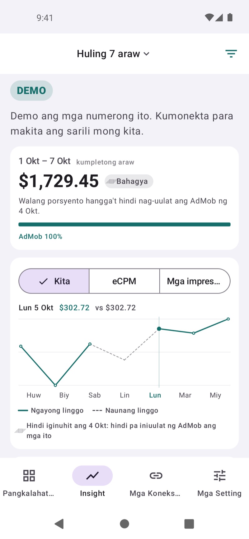 Screen ng EarnHub Insights na naghahambing ng kita ngayong linggo sa nakaraang linggo