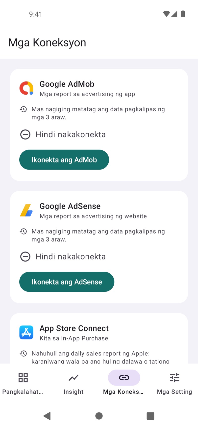 Screen ng EarnHub Connections na nagpapakita ng mga available na source ng kita