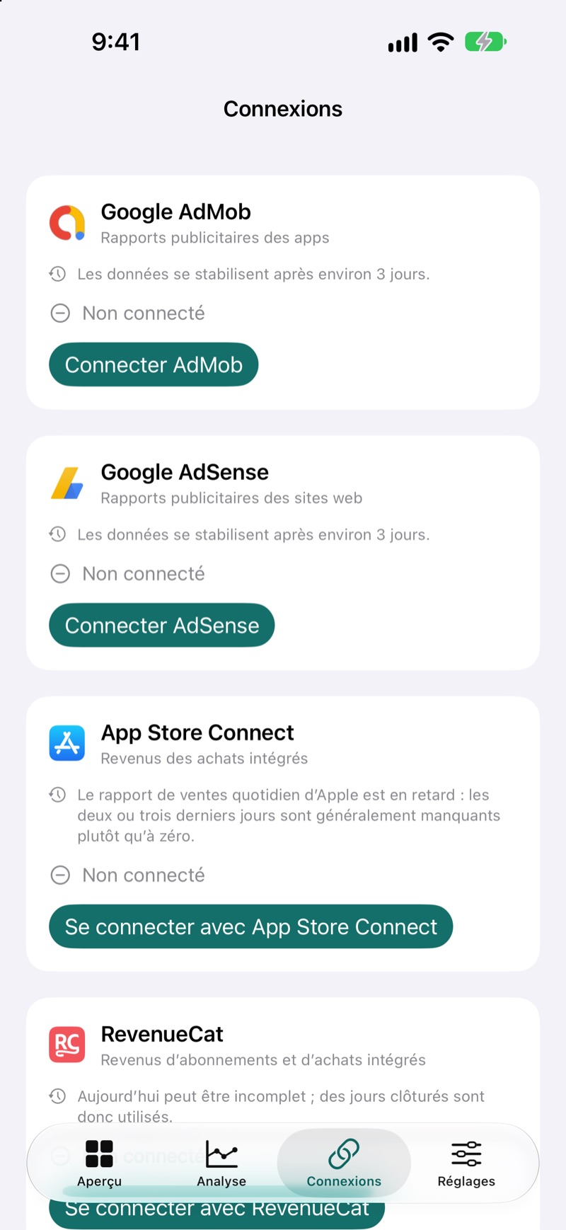 Écran de connexions EarnHub affichant les sources de revenus disponibles