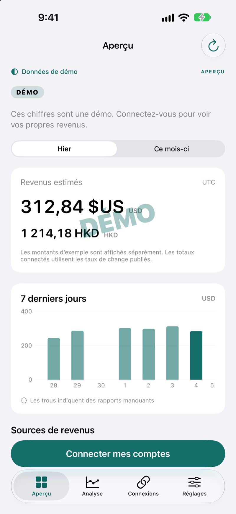 Aperçu des revenus EarnHub affichant des exemples de gains