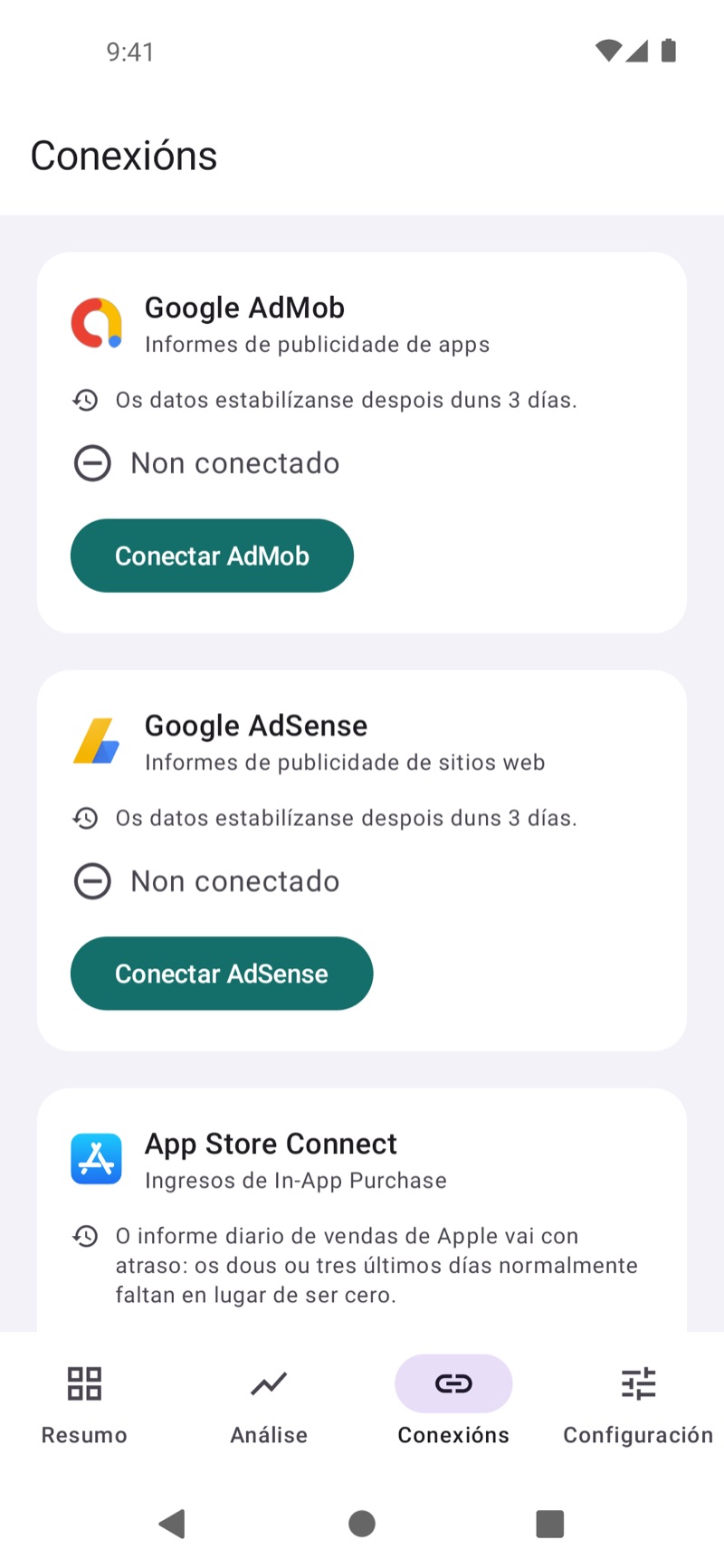 Pantalla de conexións de EarnHub que mostra as fontes de ingresos dispoñibles