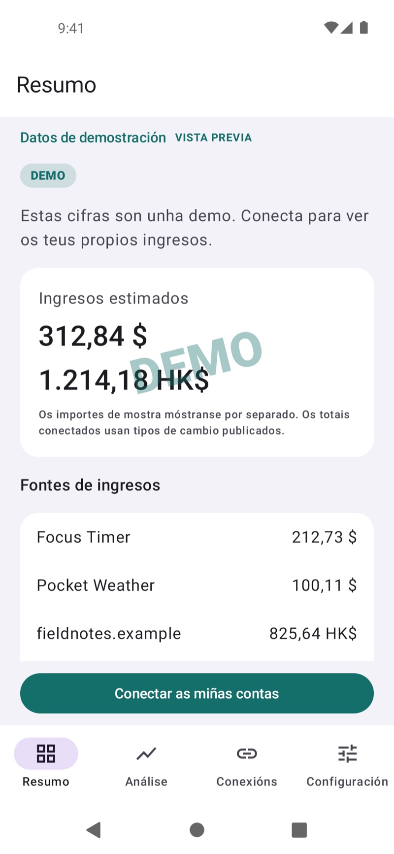 Resumo de ingresos de EarnHub con datos de exemplo