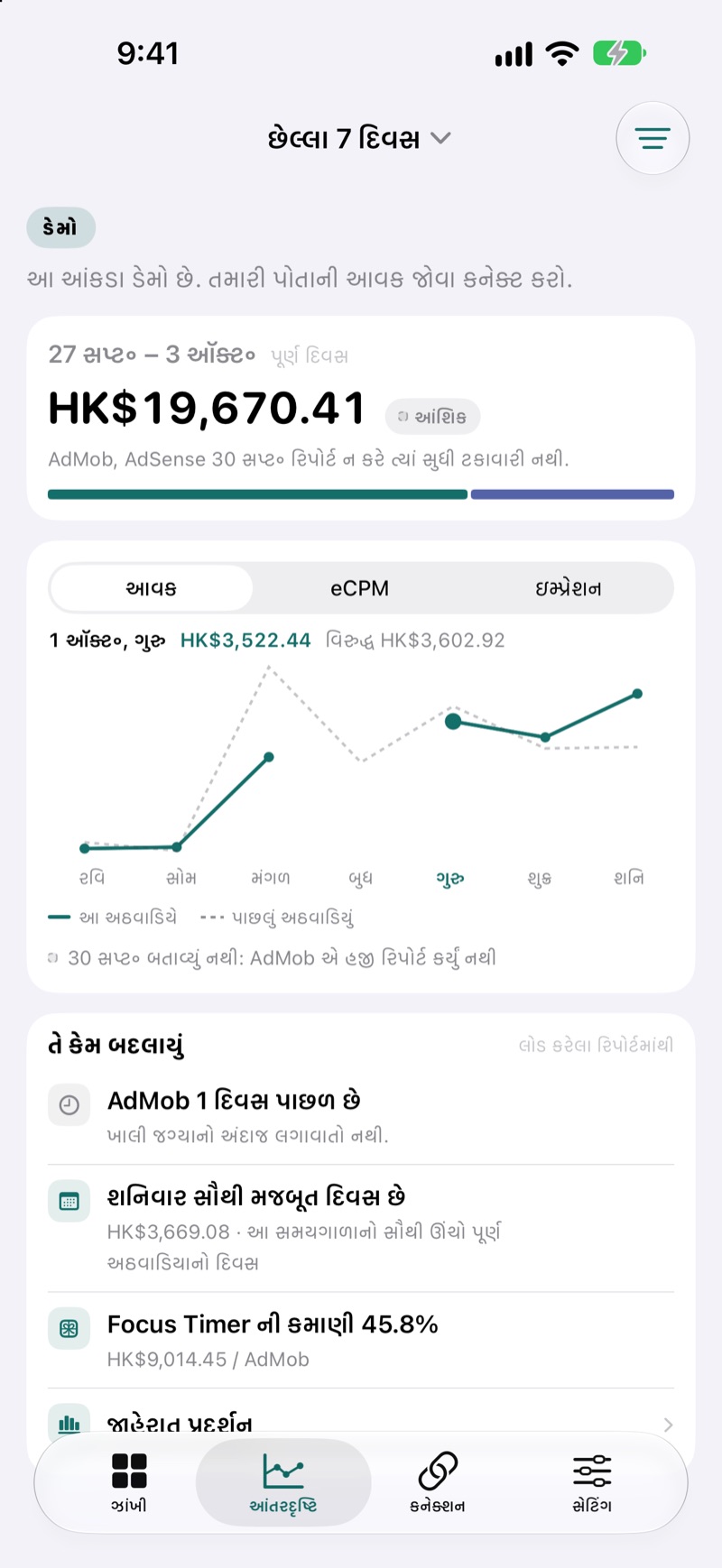 EarnHub Insights સ્ક્રીન: આ અઠવાડિયાની આવકની સરખામણી ગયા અઠવાડિયા સાથે