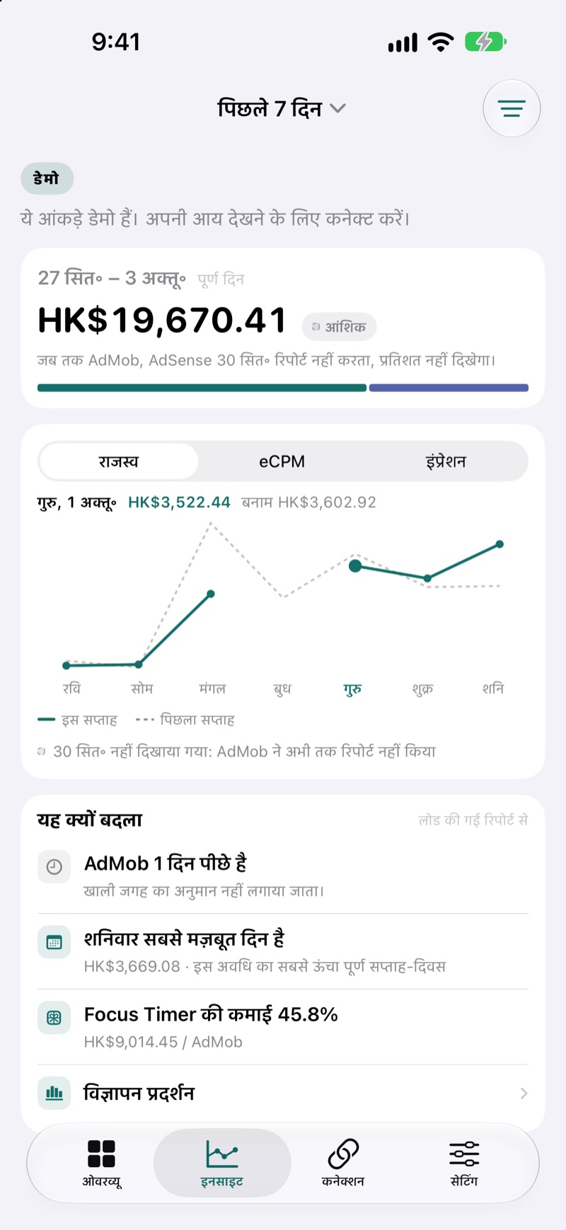 EarnHub इनसाइट्स स्क्रीन: इस हफ़्ते के रेवेन्यू की तुलना पिछले हफ़्ते से