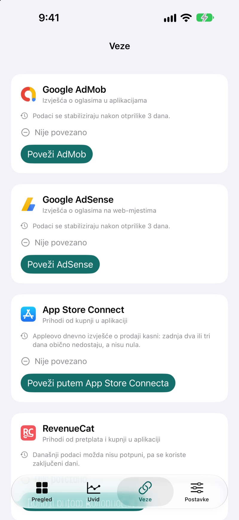 Zaslon povezivanja (Connections) u aplikaciji EarnHub koji prikazuje dostupne izvore prihoda