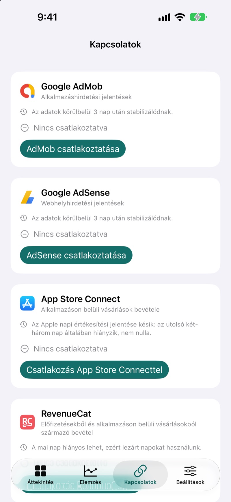 Az EarnHub „Kapcsolatok” képernyője az elérhető bevételi forrásokkal