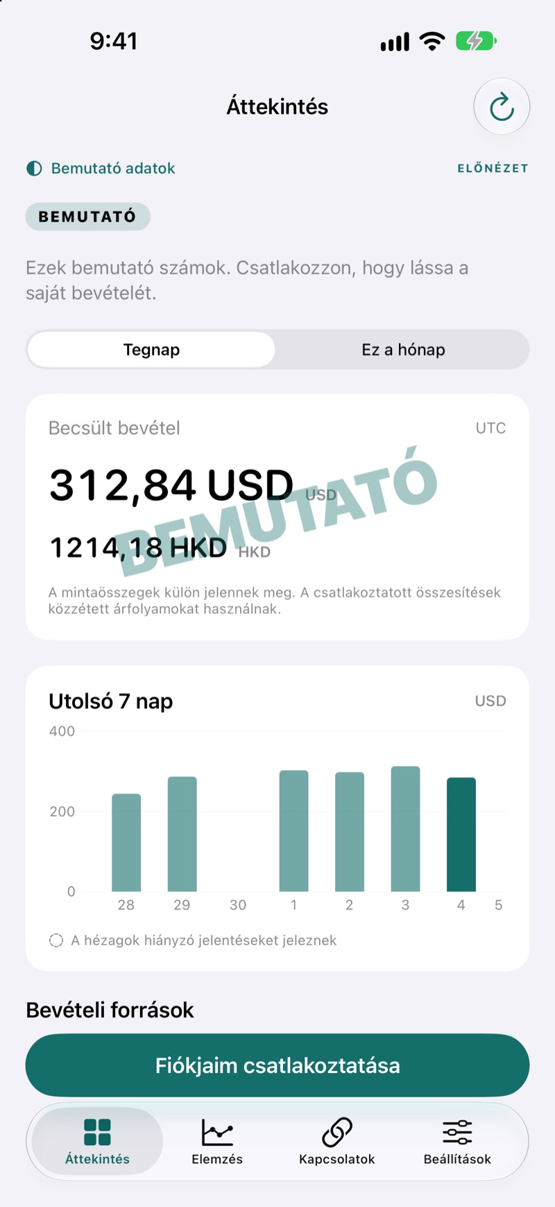 EarnHub bevételi áttekintés mintaadatokkal