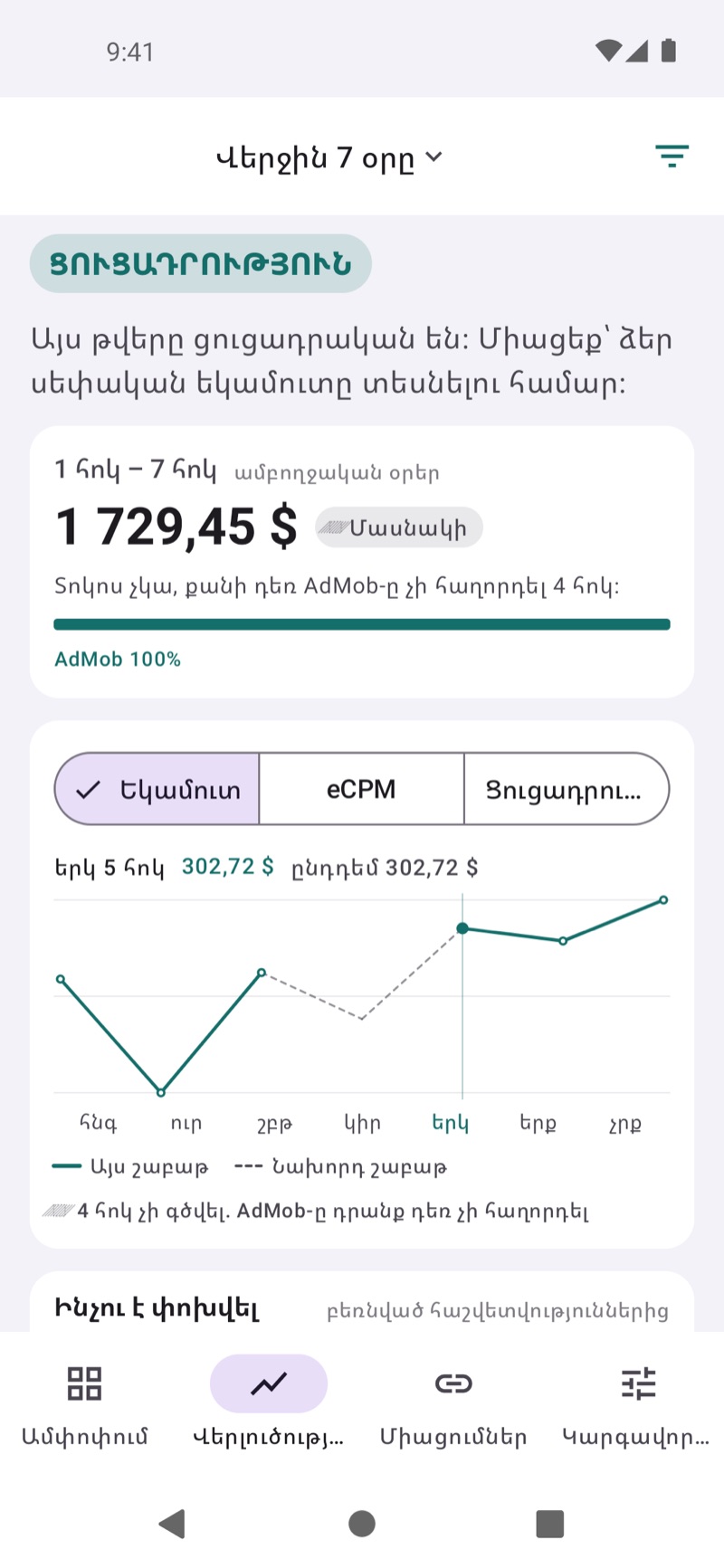 EarnHub-ի վերլուծական էկրանը՝ ընթացիկ և նախորդ շաբաթների եկամուտների համեմատությամբ