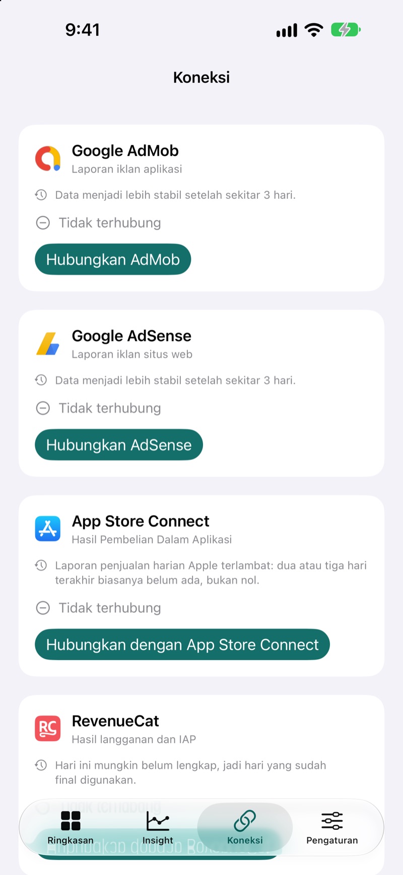 Layar Koneksi EarnHub yang menampilkan sumber pendapatan yang tersedia