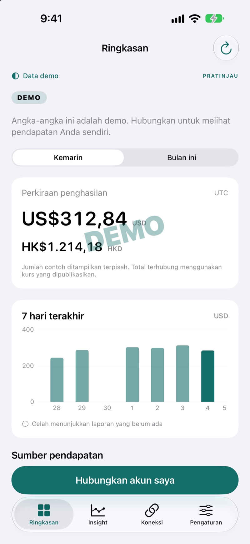 Tampilan ringkasan pendapatan EarnHub yang menunjukkan contoh data pendapatan