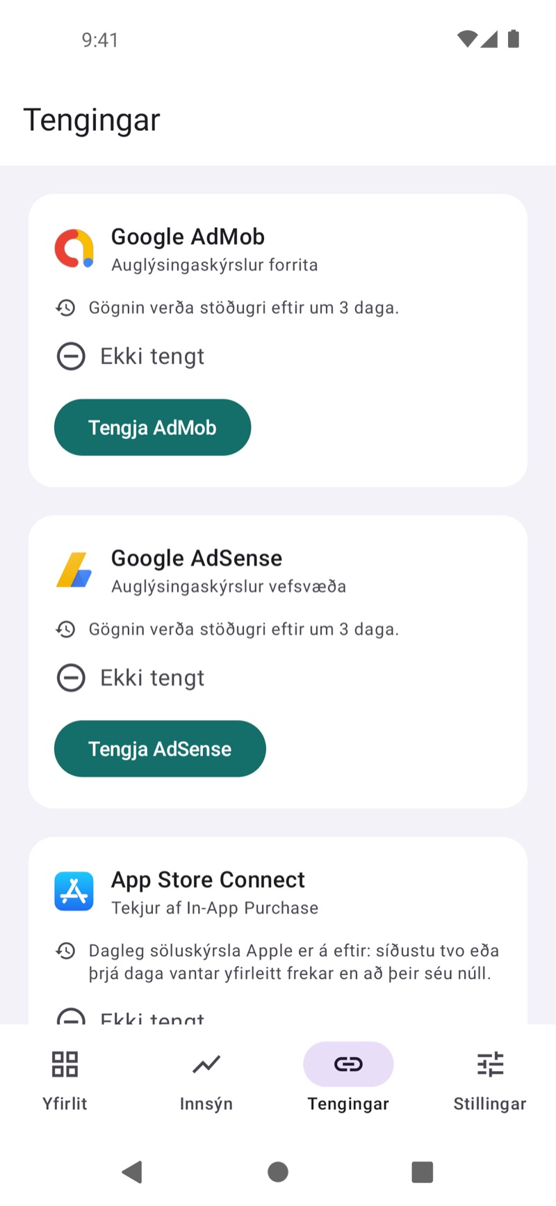Tengingaskjár EarnHub sem sýnir tiltækar tekjulindir