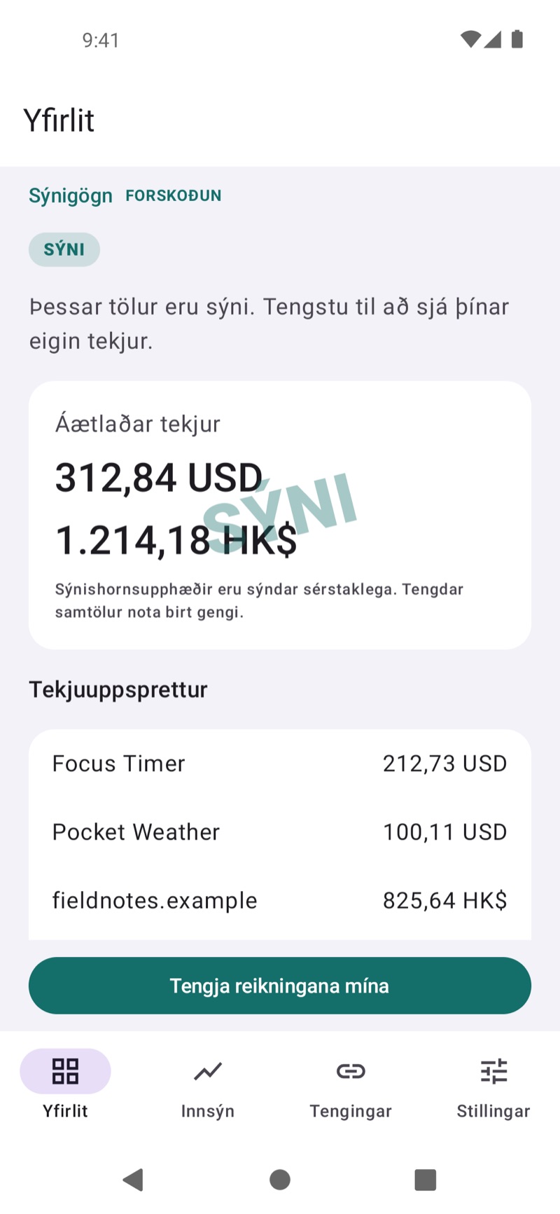 Yfirlit yfir tekjur í EarnHub sem sýnir dæmi um tekjur