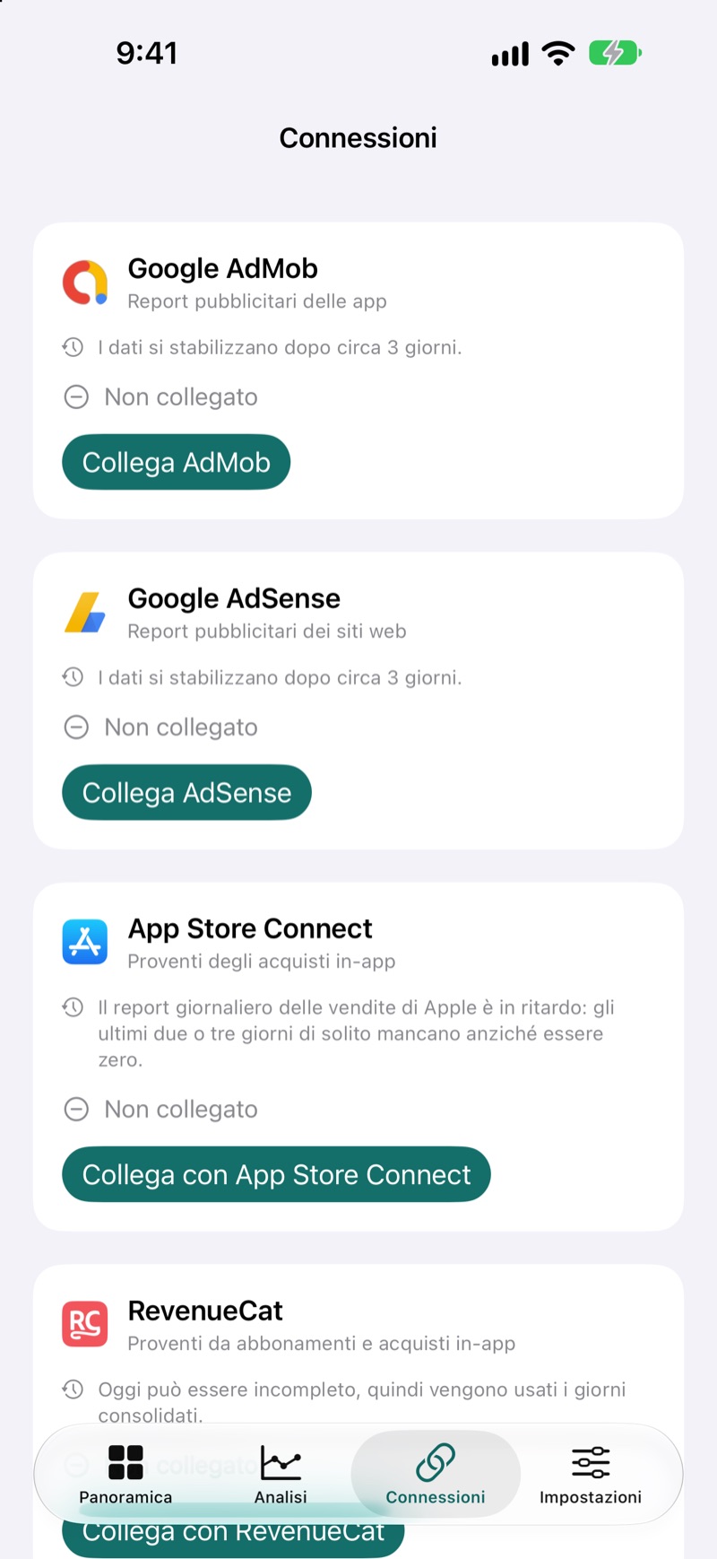 Schermata Connessioni di EarnHub con le fonti di ricavo disponibili