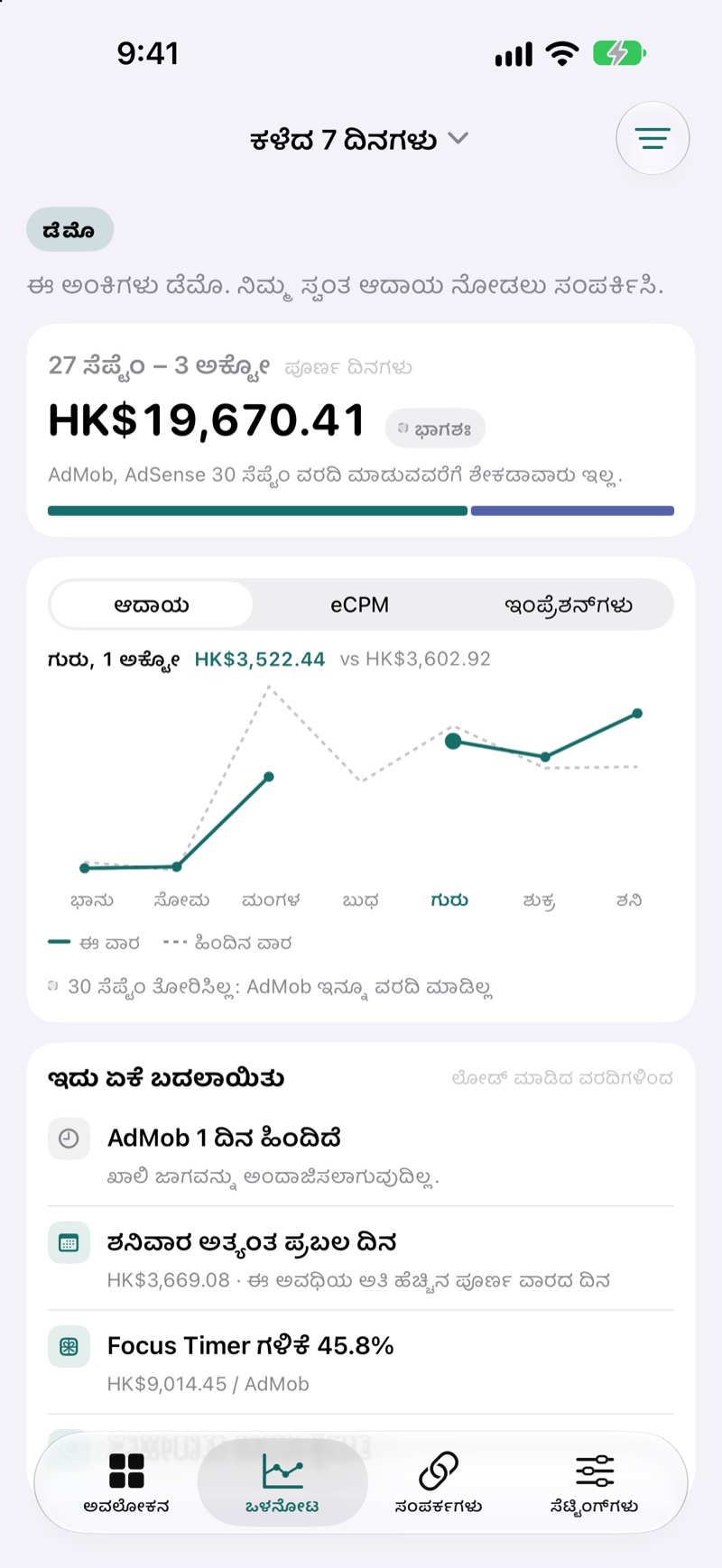 ಈ ವಾರದ ಆದಾಯವನ್ನು ಹಿಂದಿನ ವಾರದೊಂದಿಗೆ ಹೋಲಿಸುವ EarnHub ಒಳನೋಟಗಳ (Insights) ಪರದೆ