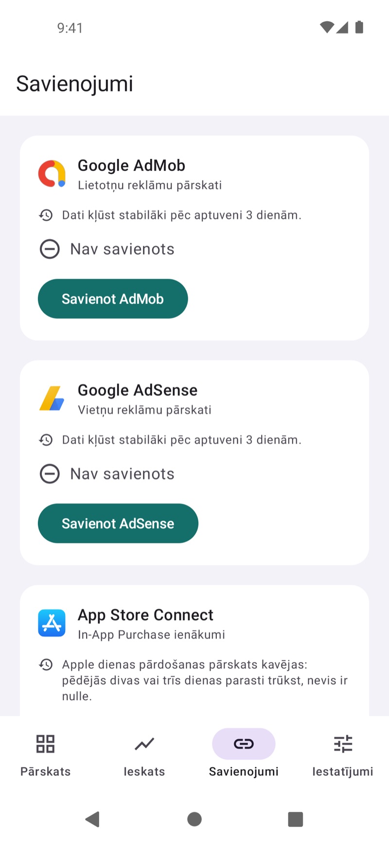 EarnHub savienojumu ekrāns ar pieejamajiem ieņēmumu avotiem