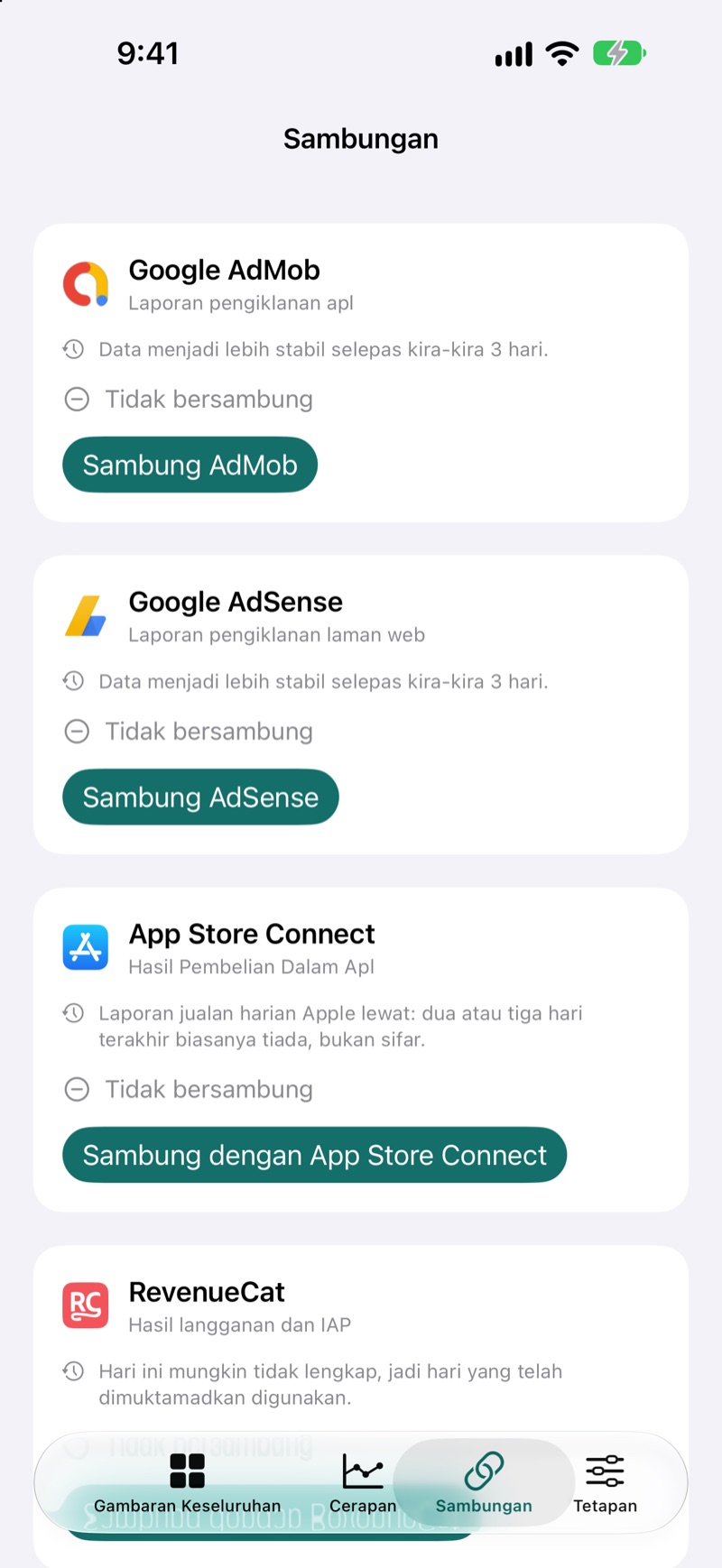 Skrin Sambungan EarnHub yang menunjukkan sumber hasil yang tersedia