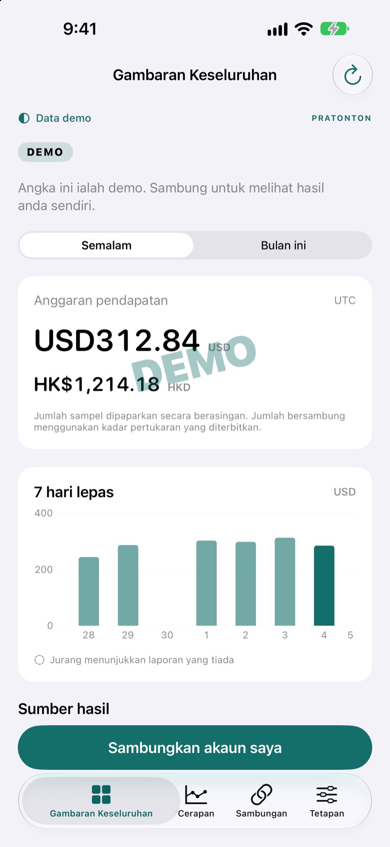 Gambaran keseluruhan hasil EarnHub yang memaparkan contoh pendapatan