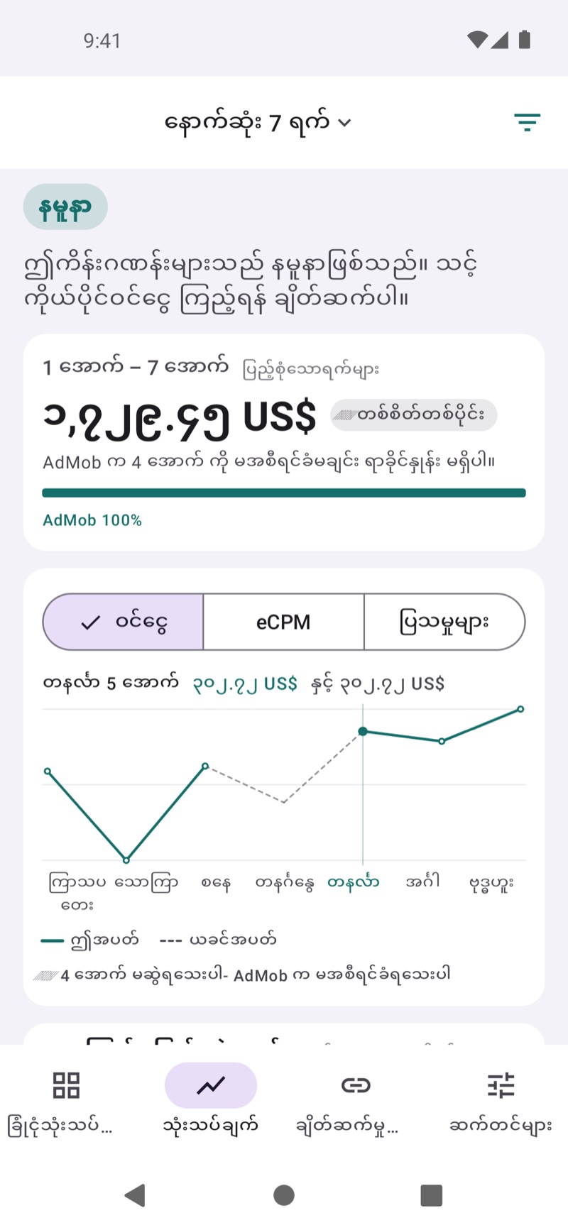 ယခုအပတ်နှင့် ယခင်အပတ် ဝင်ငွေကို နှိုင်းယှဉ်ပြသထားသည့် EarnHub ၏ Insights မျက်နှာပြင်