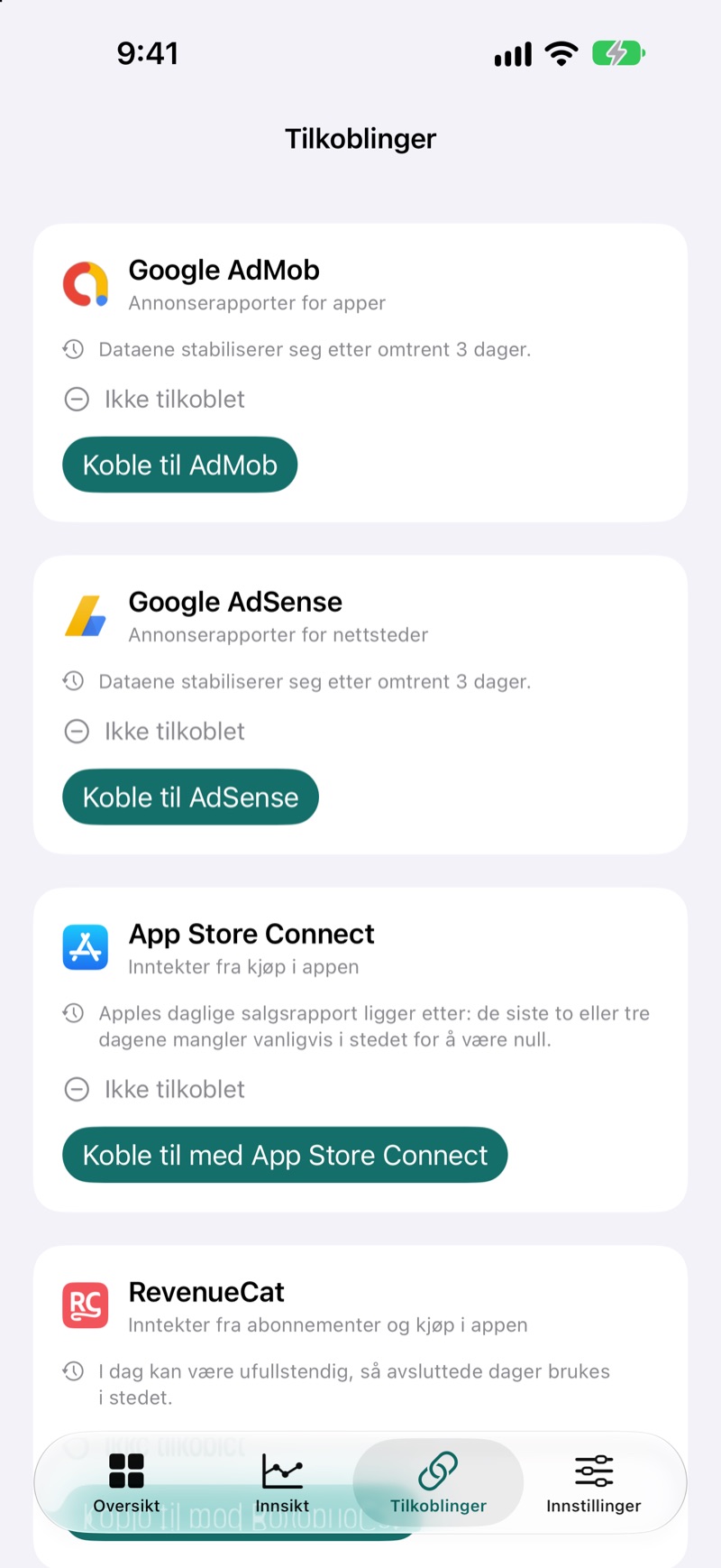 EarnHub-skjerm for tilkoblinger som viser tilgjengelige inntektskilder