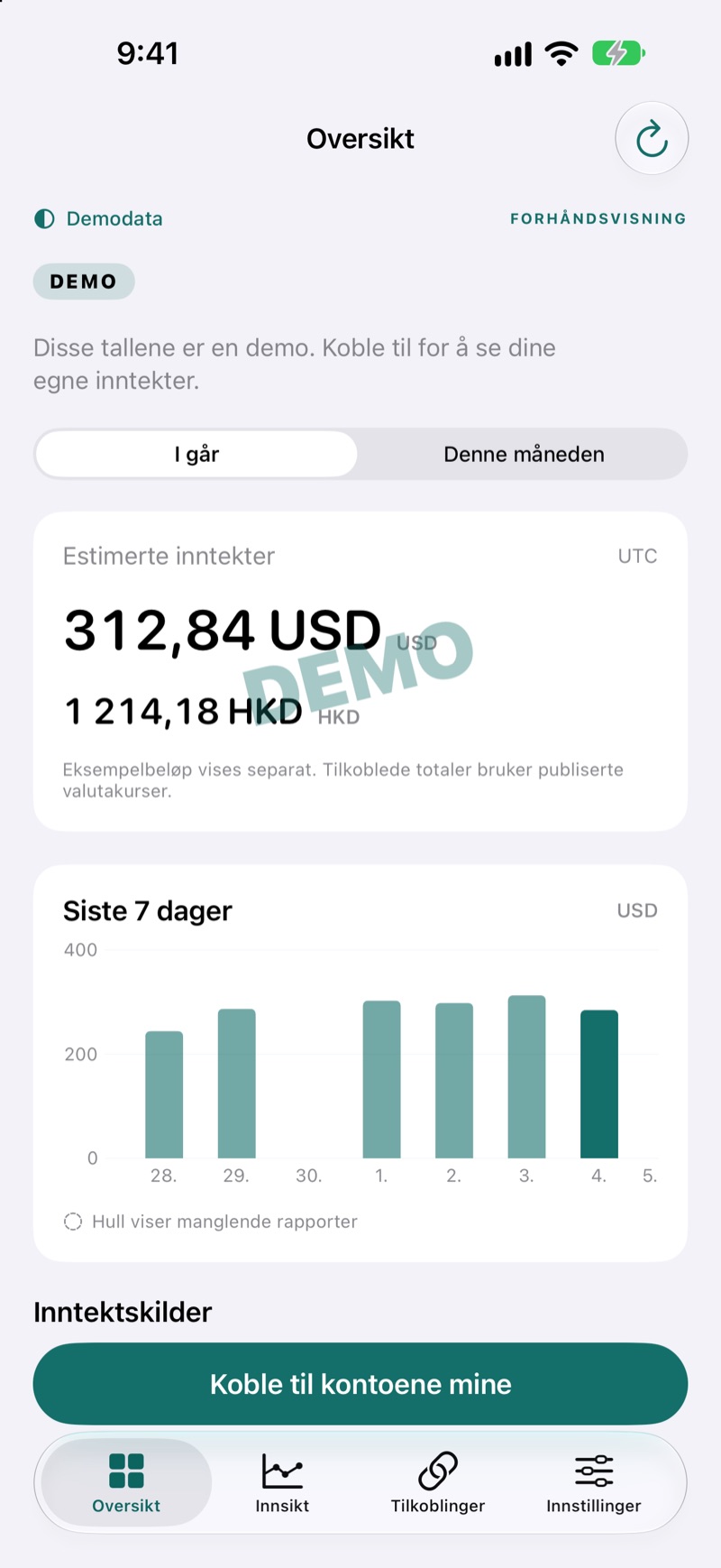EarnHubs inntektoversikt som viser eksempler på inntjening