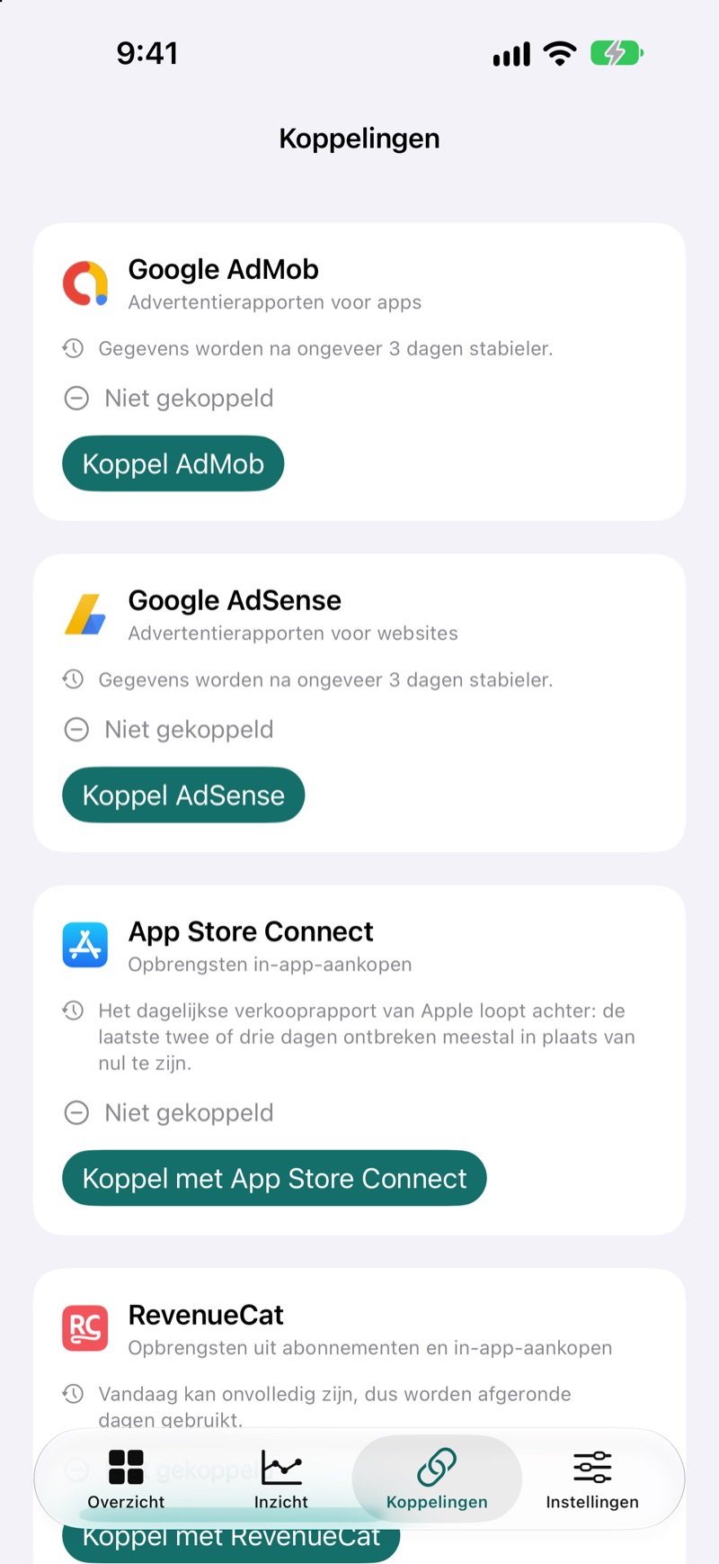 EarnHub-scherm voor verbindingen met beschikbare inkomstenbronnen