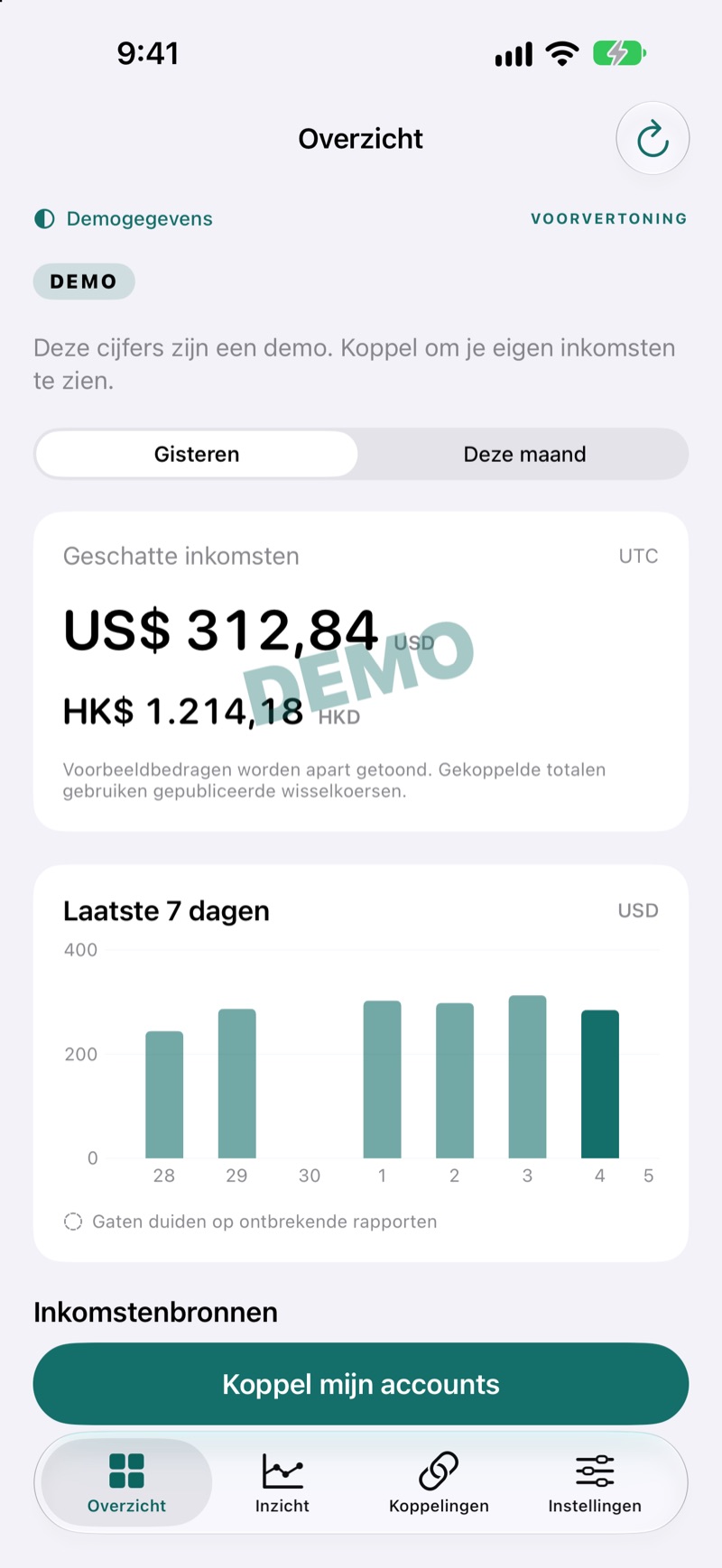 EarnHub-inkomstenoverzicht met voorbeeldcijfers