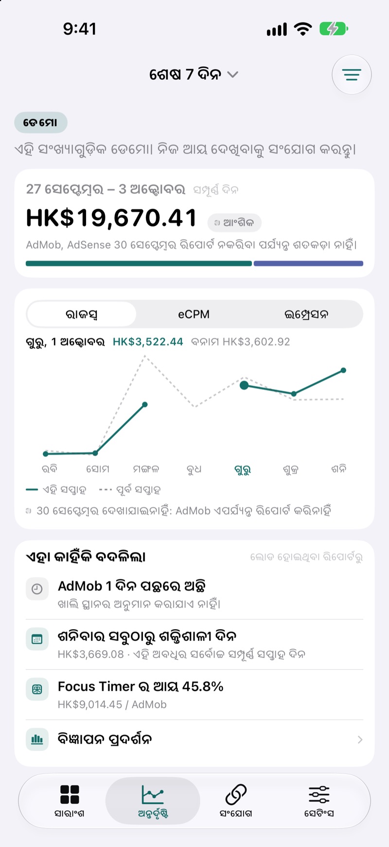 ଚଳିତ ସପ୍ତାହର ଆୟକୁ ପୂର୍ବ ସପ୍ତାହ ସହିତ ତୁଳନା କରୁଥିବା EarnHub ଇନସାଇଟ୍ସ (Insights) ସ୍କ୍ରିନ୍