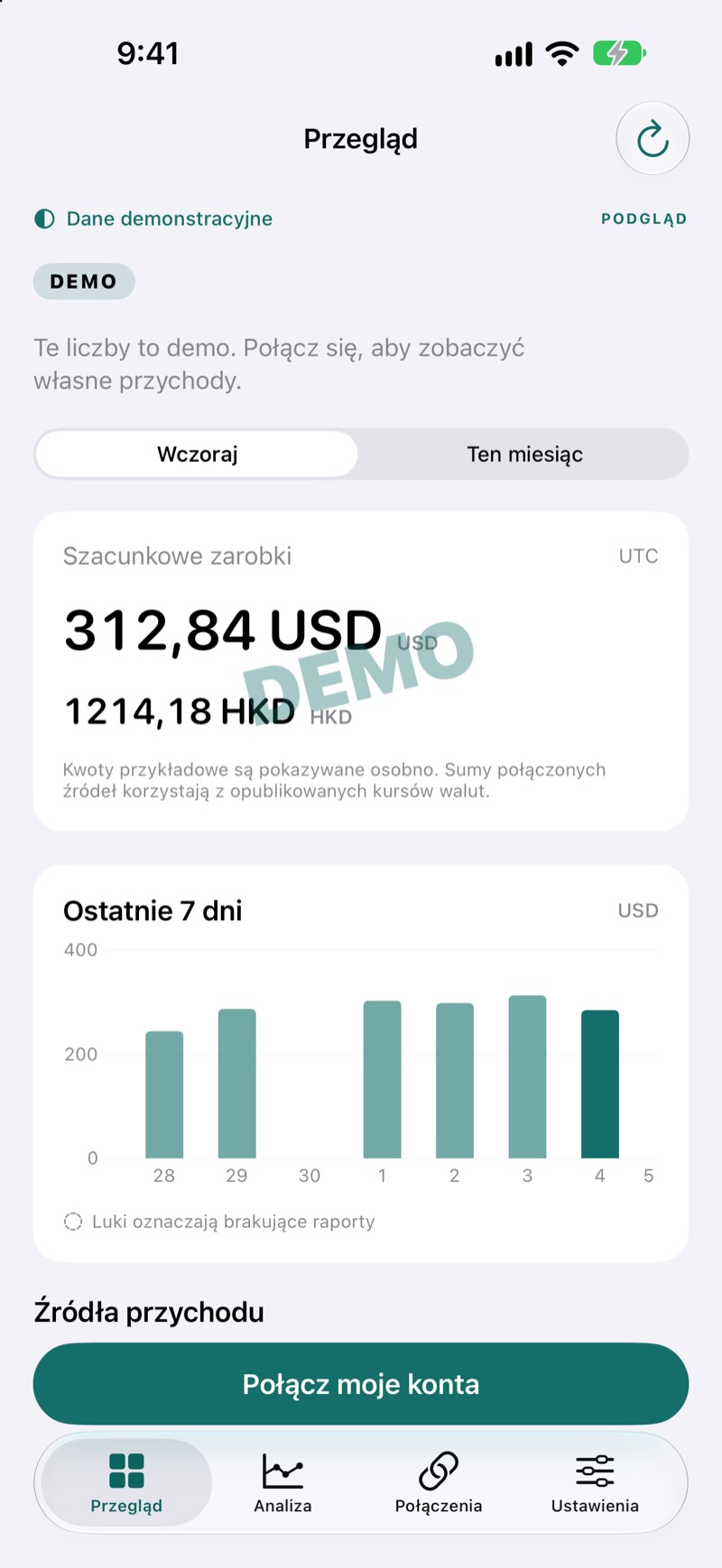 Przegląd przychodów w EarnHub z przykładowymi danymi o zarobkach
