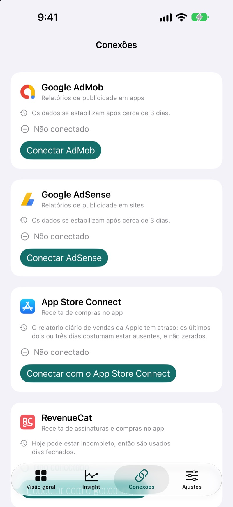 Tela de conexões do EarnHub mostrando as fontes de receita disponíveis