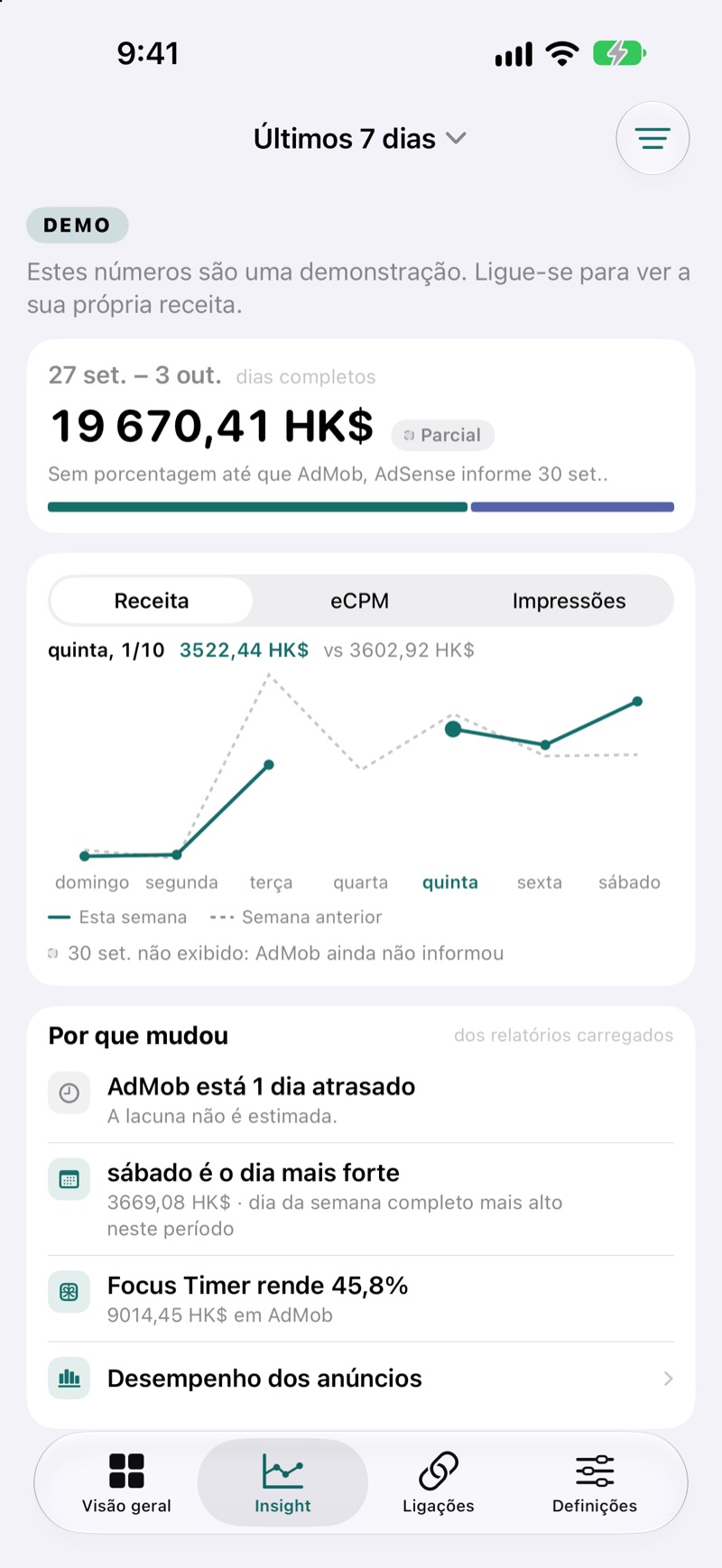 EarnHub Insights Screen comparando a receita desta semana com a da semana anterior