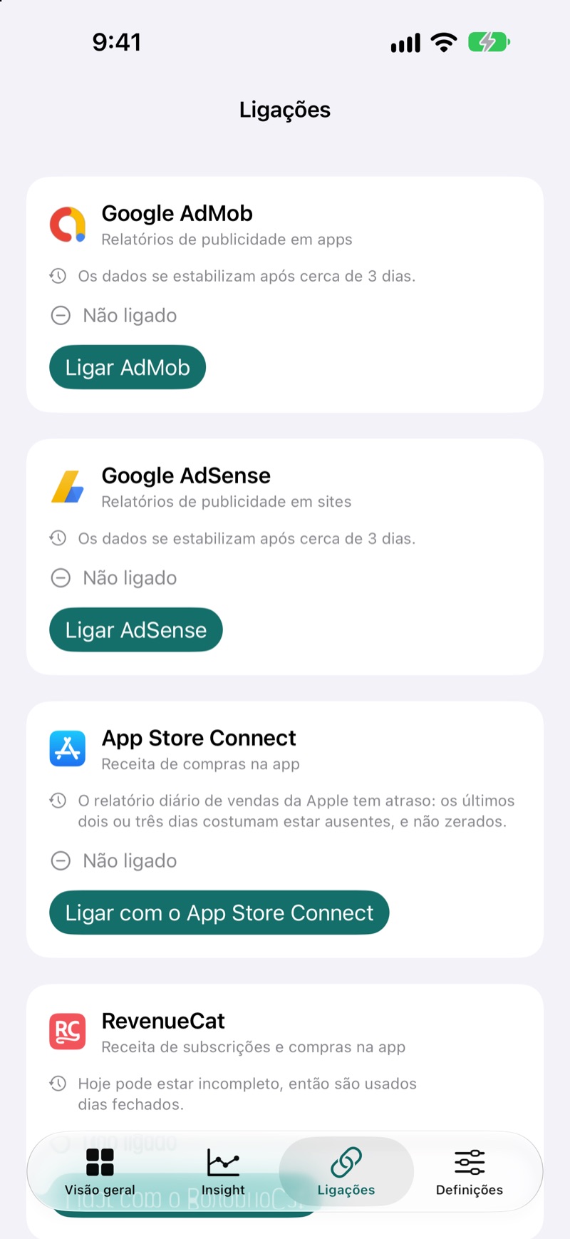 Ecrã de Ligações do EarnHub mostrando as fontes de receita disponíveis
